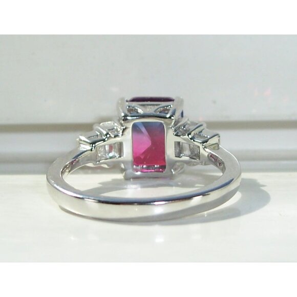 925 STERLING SILVER Bicolor Cubic Zirconia & Baguette Ring Blue & Pink - Picture 10 of 16